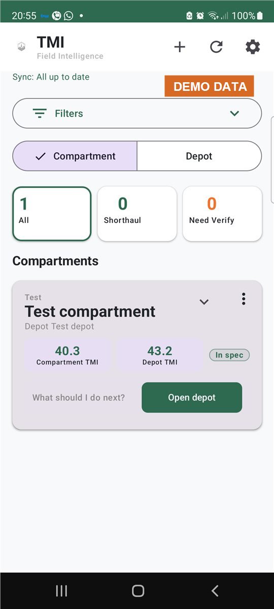 TMI demo dashboard showing compartment and depot moisture cards