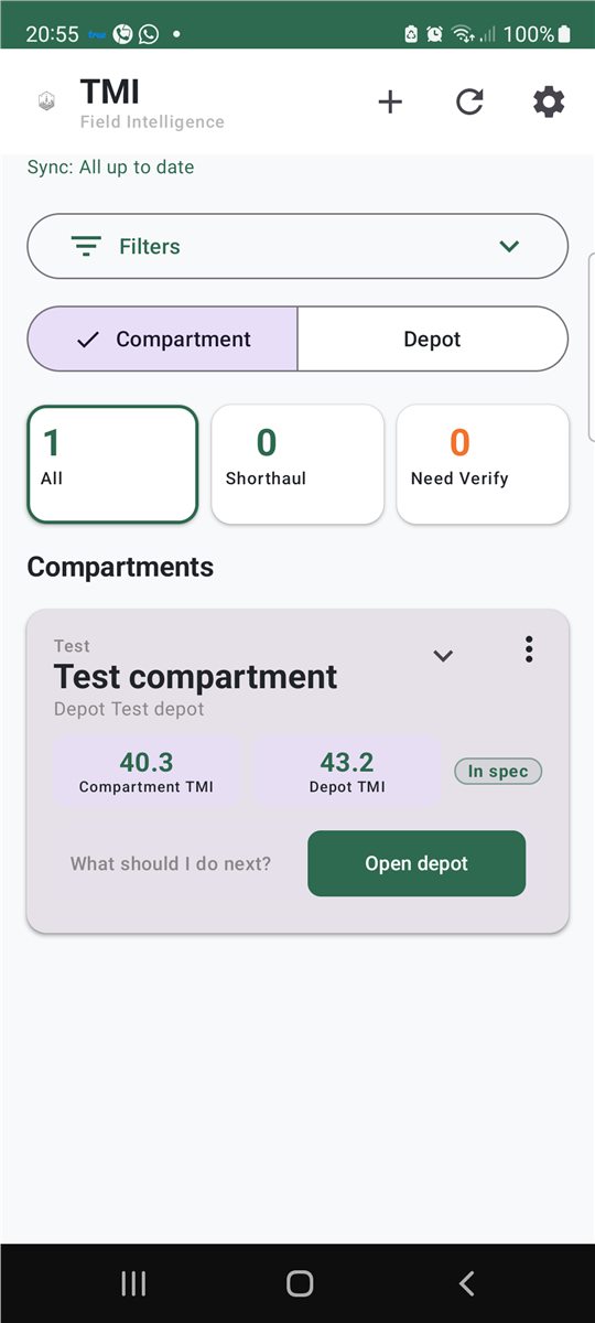 TMI operations dashboard using TEST DATA for Test compartment and Test depot
