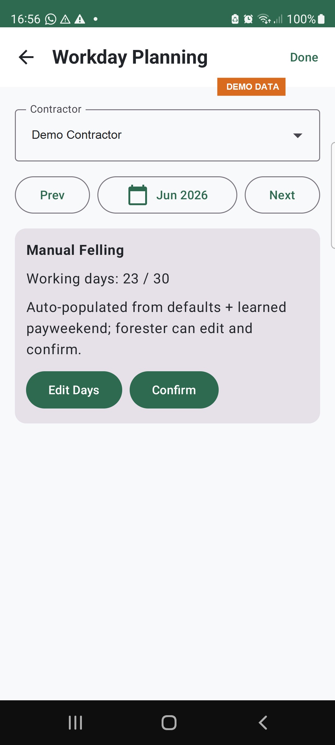 TMI demo workday planning screen showing contractor calendar review